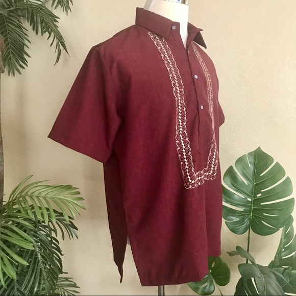 Maroon Embroidered Polo Barong Tagalog made of Hugo - Picture 6 of 9